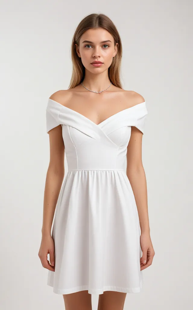 A European female model wearing a dress with an Open collar, white background, bust portrait